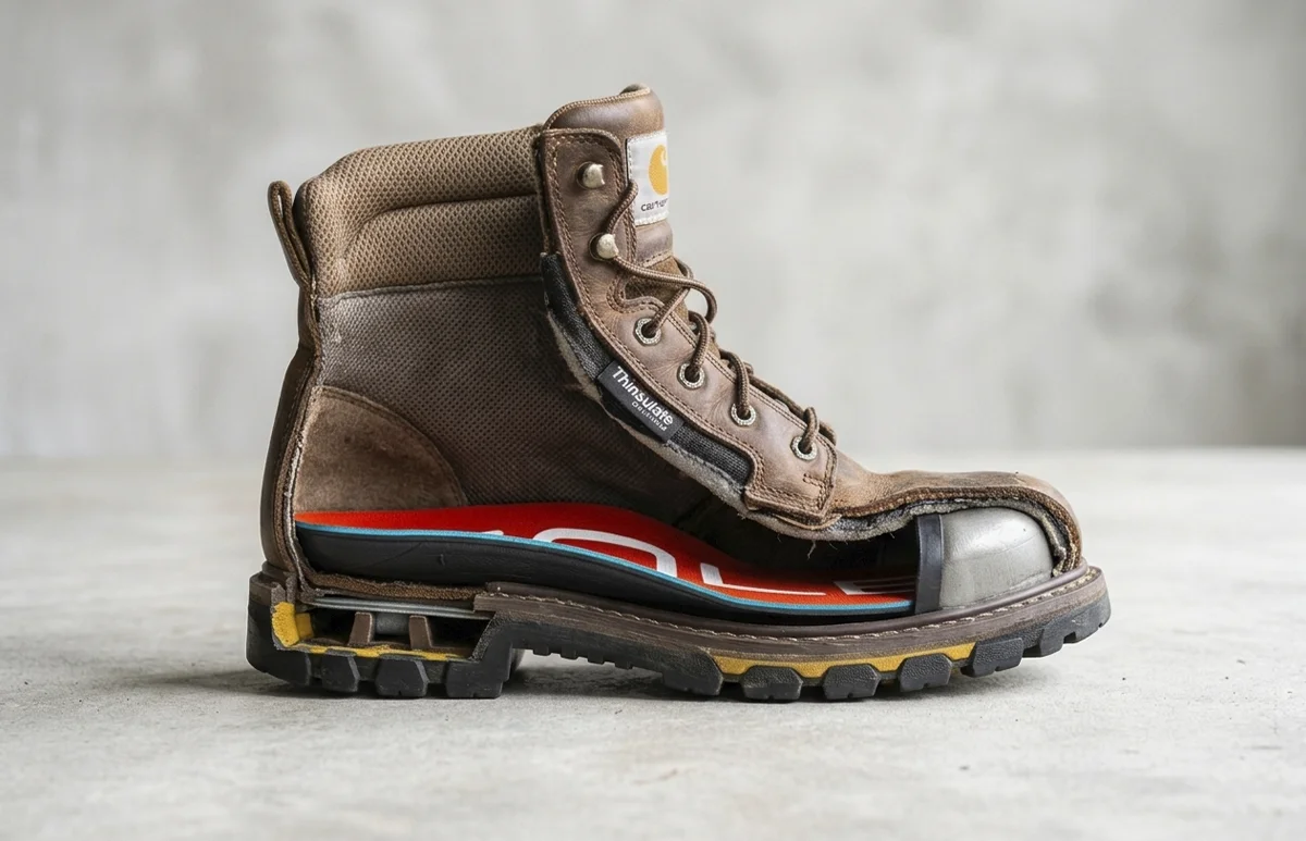 a cross-section of a work boot, with sole supportive insoles for work boots
