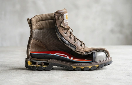 a cross-section of a work boot, with sole supportive insoles for work boots