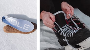 a pair of sole insoles and someone lacing up their hockey skates
